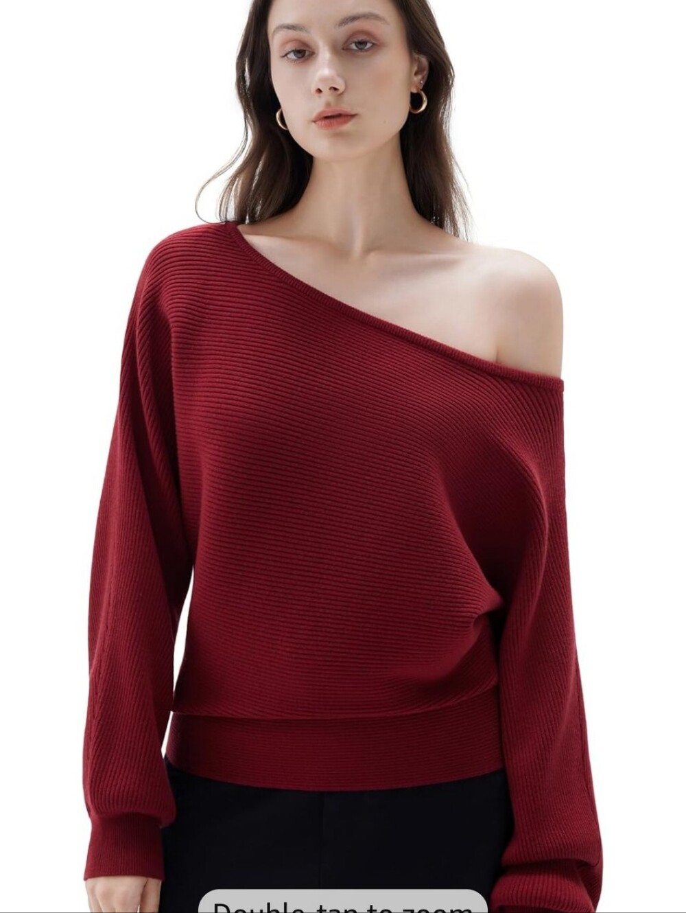 Off-Shoulder Ribbed Sweater - Wine Red